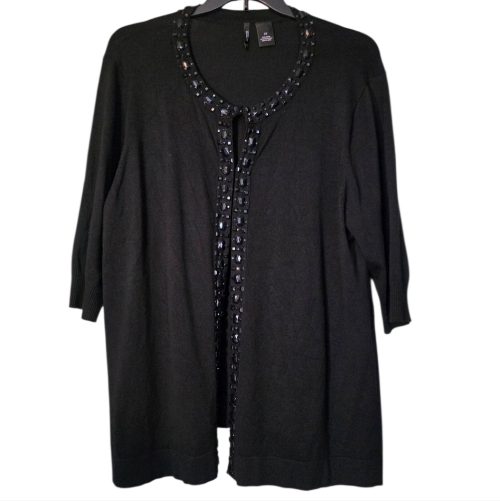 New Directions Black Cardigan with Black Gemstone Embellished Trim 2X EUC